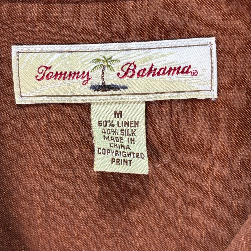 Tommy Bahama Men's Brown Embroidered Banana Leaf Shirt Linen Silk Sz Medium - Picture 2 of 8